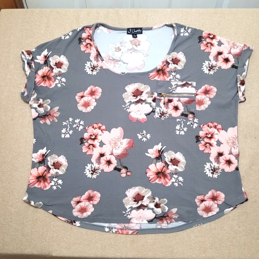 J For Justify Women's Gray Pink Floral‎ top Sz XL